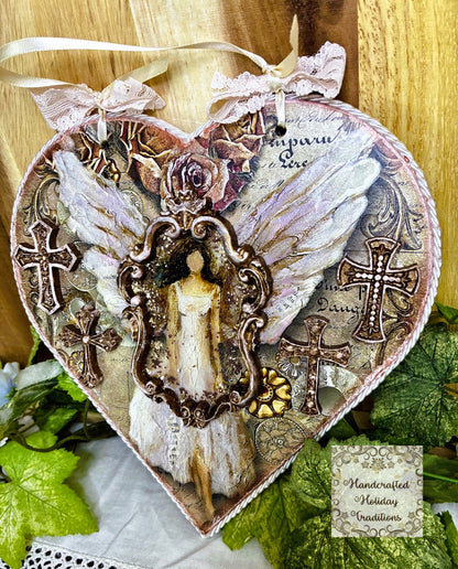Handcrafted Hanging Heart Angel Plaque, Shabby Chic, Pink Roses, Decoupage, Mixed Media, Wall Art, Home Decor by Pamela, 8 3/4" x 9"
