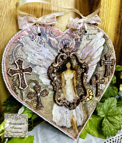 Handcrafted Hanging Heart Angel Plaque, Shabby Chic, Pink Roses, Decoupage, Mixed Media, Wall Art, Home Decor by Pamela, 8 3/4" x 9"