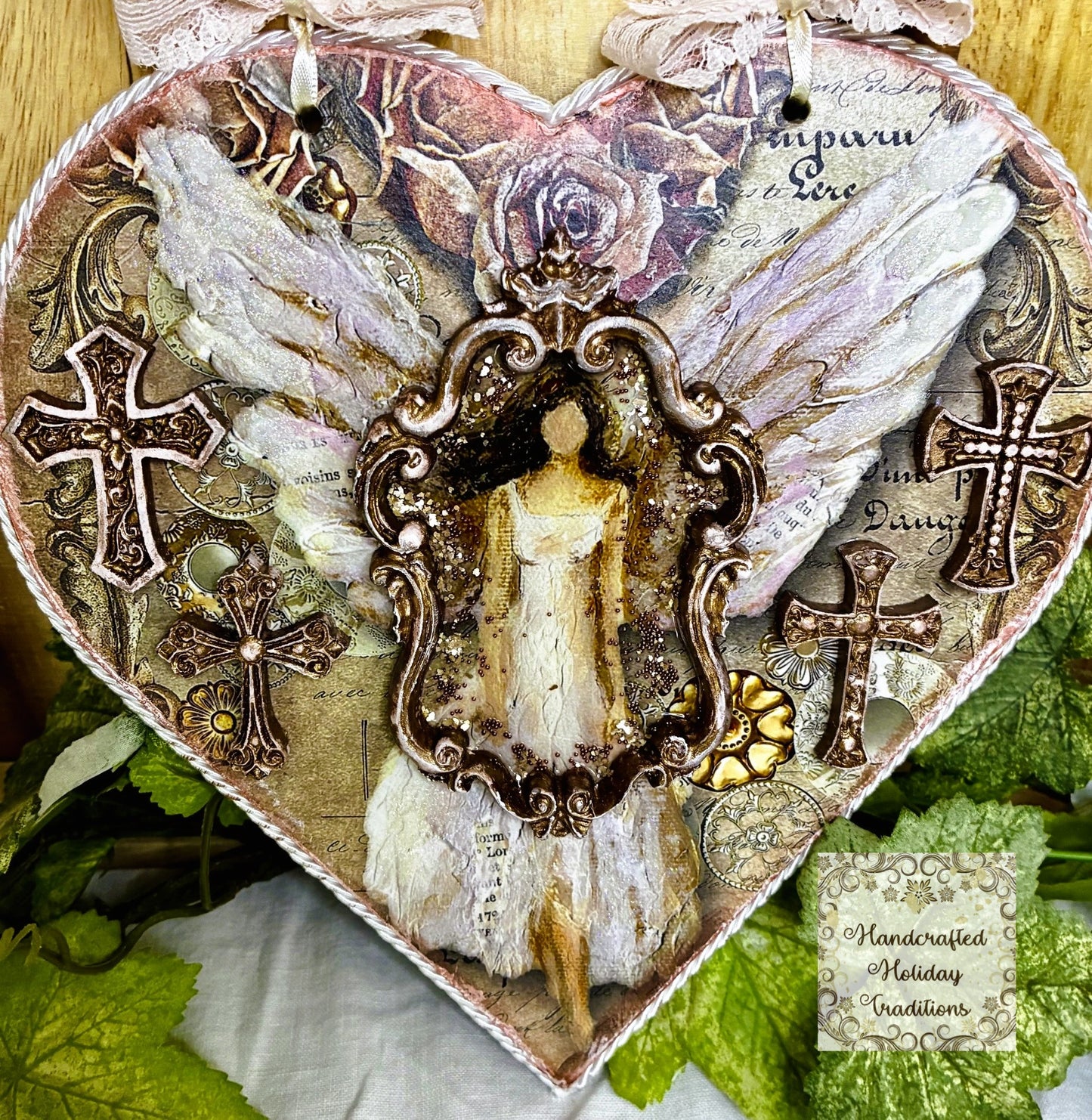 Handcrafted Hanging Heart Angel Plaque, Shabby Chic, Pink Roses, Decoupage, Mixed Media, Wall Art, Home Decor by Pamela, 8 3/4" x 9"