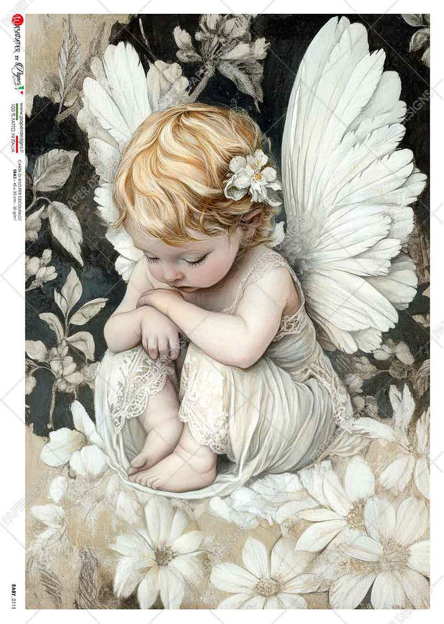 Paper Designs, Rice Paper, 2024 Release, Merry Christmas, Angel, Angelic, Baby, Floral, 0111, A4, 8.3" X 11.7"  Decoupage, Mixed Media