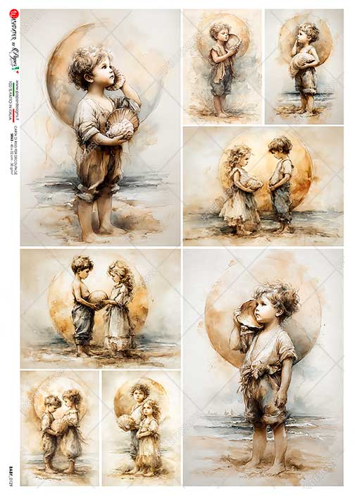 Paper Designs Rice Paper, Children on the Beach, Decoupage, Mixed Media, A4, Made in Italy