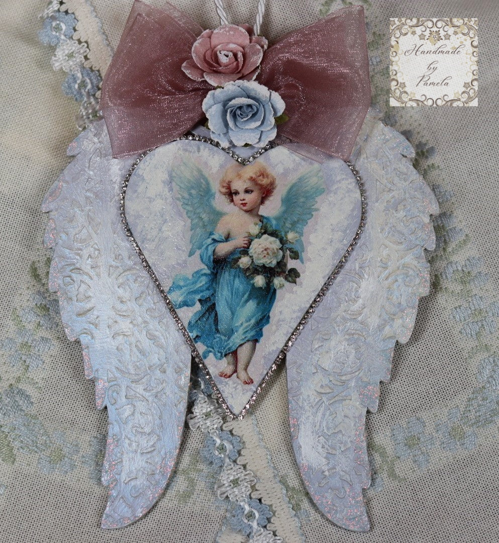 Laser Cut MDF, Angel Wings, Heart, Halo, Pendant, Christmas Ornament, Blank, Base, 2 pc, Decoupage, Mixed Media 6.5 x 7.25 in, 1/8 in