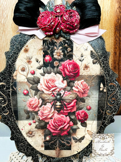 Handcrafted, Home Decor, Decoupage, Mixed Media, Home Decor, Plaque, Panel, Pink Roses Bouquet, Bee, Shabby Chic, Black, Handmade by Pamela Handmade by Pamela