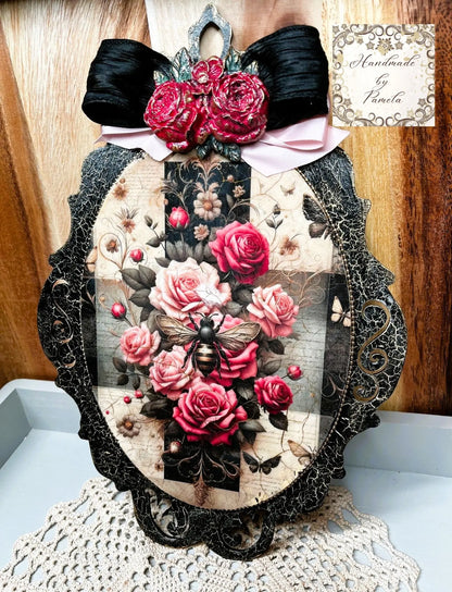 Handcrafted, Home Decor, Decoupage, Mixed Media, Home Decor, Plaque, Panel, Pink Roses Bouquet, Bee, Shabby Chic, Black, Handmade by Pamela Handmade by Pamela