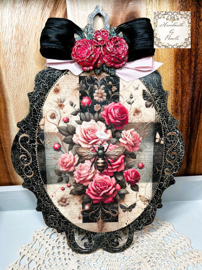 Handcrafted, Home Decor, Decoupage, Mixed Media, Home Decor, Plaque, Panel, Pink Roses Bouquet, Bee, Shabby Chic, Black, Handmade by Pamela Handmade by Pamela