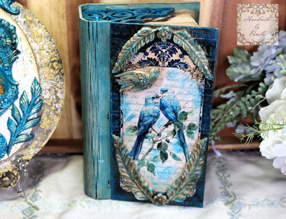 Handcrafted, Mixed Media, Decoupage, MDF Book Box, Vintage Style, Blue Birds Handmade by Pamela