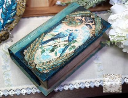 Handcrafted, Mixed Media, Decoupage, MDF Book Box, Vintage Style, Blue Birds Handmade by Pamela