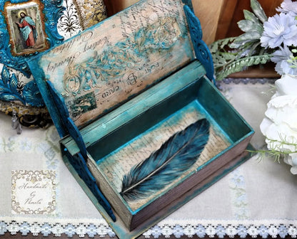 Handcrafted, Mixed Media, Decoupage, MDF Book Box, Vintage Style, Blue Birds Handmade by Pamela
