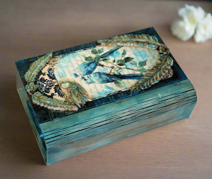 Handcrafted, Mixed Media, Decoupage, MDF Book Box, Vintage Style, Blue Birds Handmade by Pamela