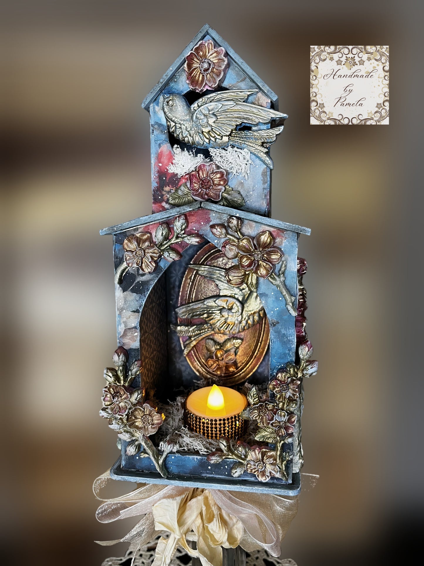 Handcrafted, Decoupage, Mixed Media, Bird House Candle Holder Light, Shadow Box, Shabby Chic, Blue, Pink Blossoms,  Art by Pamela