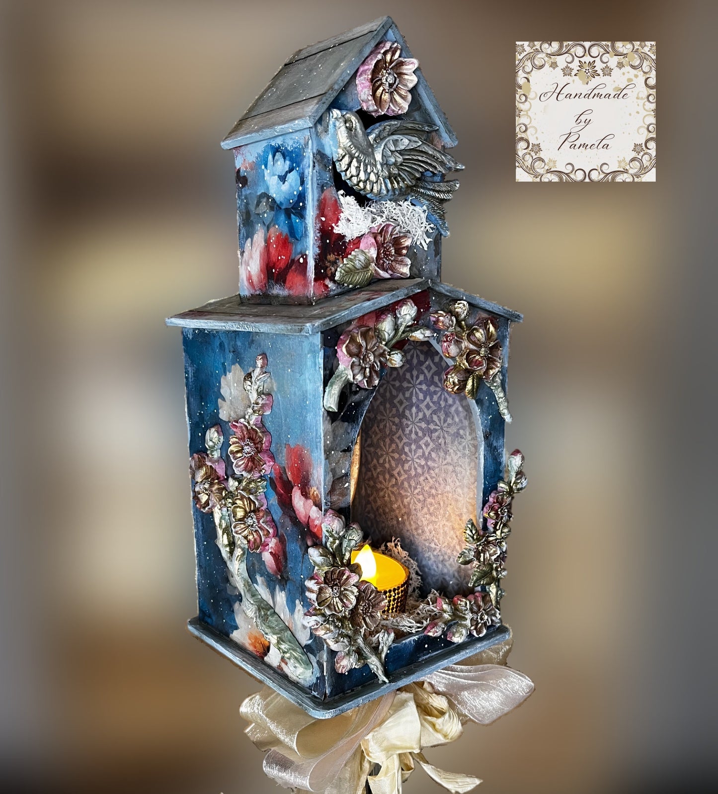 Handcrafted, Decoupage, Mixed Media, Bird House Candle Holder Light, Shadow Box, Shabby Chic, Blue, Pink Blossoms,  Art by Pamela