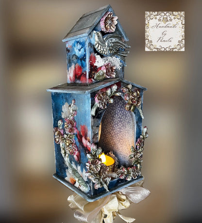 Handcrafted, Decoupage, Mixed Media, Bird House Candle Holder Light, Shadow Box, Shabby Chic, Blue, Pink Blossoms,  Art by Pamela Handmade by Pamela