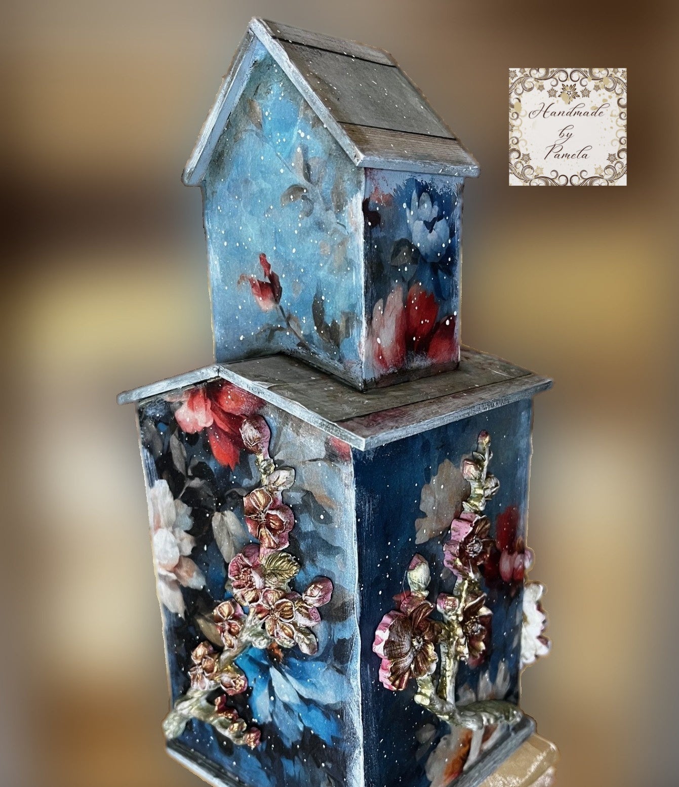 Handcrafted, Decoupage, Mixed Media, Bird House Candle Holder Light, Shadow Box, Shabby Chic, Blue, Pink Blossoms,  Art by Pamela
