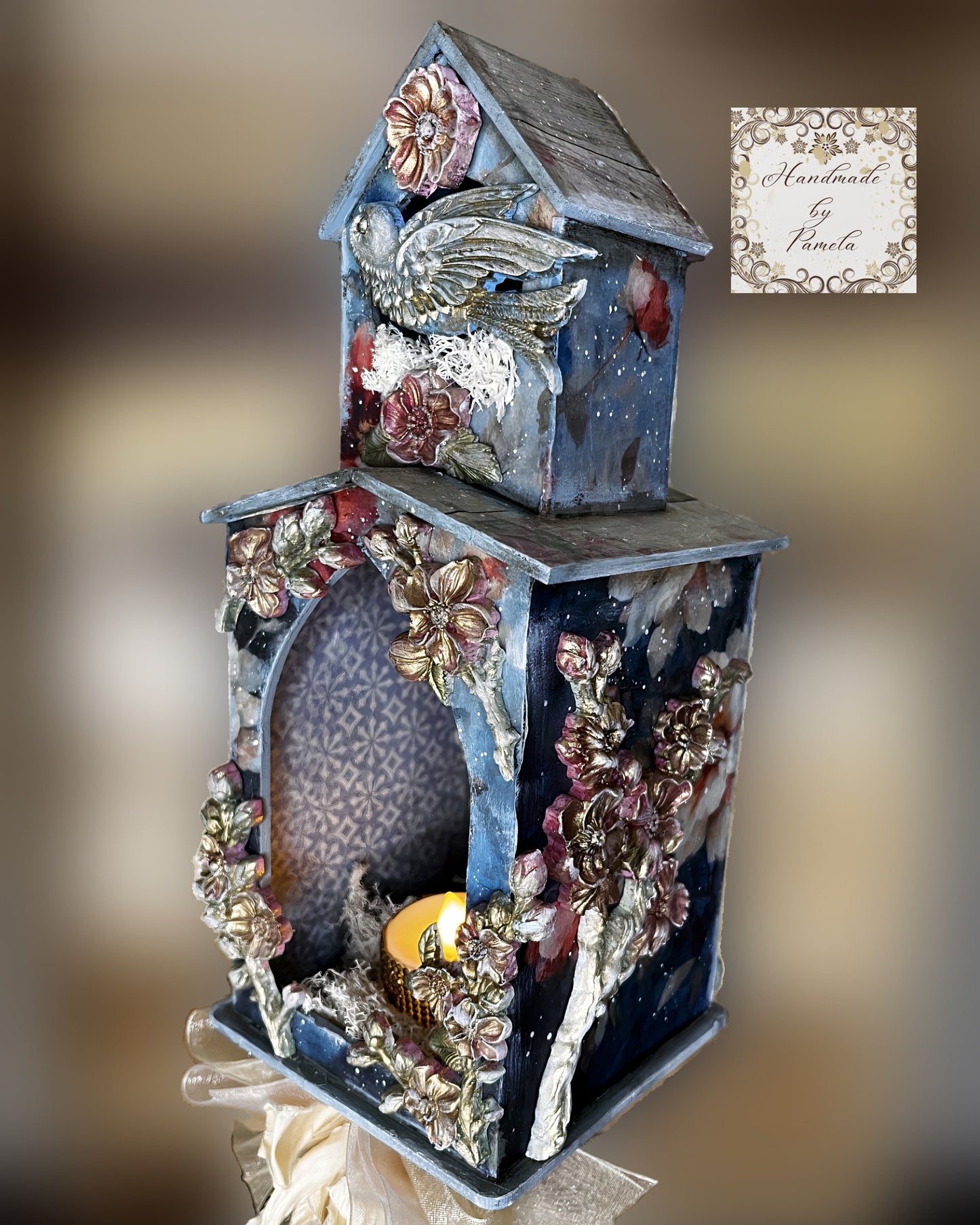 Handcrafted, Decoupage, Mixed Media, Bird House Candle Holder Light, Shadow Box, Shabby Chic, Blue, Pink Blossoms,  Art by Pamela