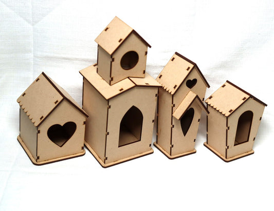 Laser Cut, MDF, Bird Houses Buildable Kit, Set of 4, Craft, Base, Blank, Canvas, Decoupage, Mixed Media, Paintable, Craft Kit, Home Decor