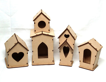 Laser Cut, MDF, Bird Houses Buildable Kit, Set of 4, Craft, Base, Blank, Canvas, Decoupage, Mixed Media, Paintable, Craft Kit, Home Decor Handcrafted Holiday Traditions