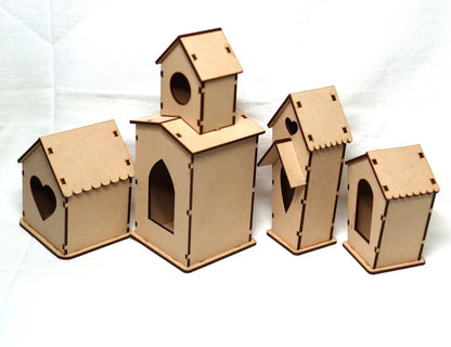 Laser Cut, MDF, Bird Houses Buildable Kit, Set of 4, Craft, Base, Blank, Canvas, Decoupage, Mixed Media, Paintable, Craft Kit, Home Decor Handcrafted Holiday Traditions