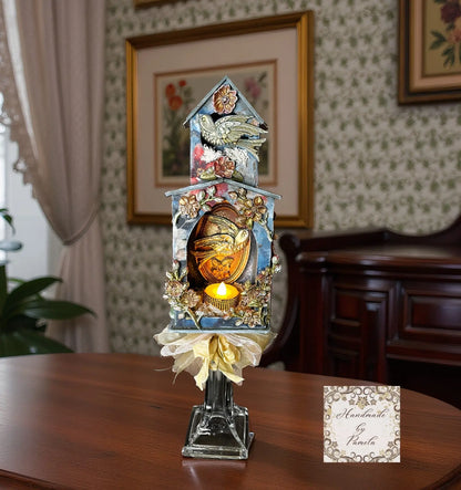 Handcrafted, Decoupage, Mixed Media, Bird House Candle Holder Light, Shadow Box, Shabby Chic, Blue, Pink Blossoms,  Art by Pamela Handmade by Pamela