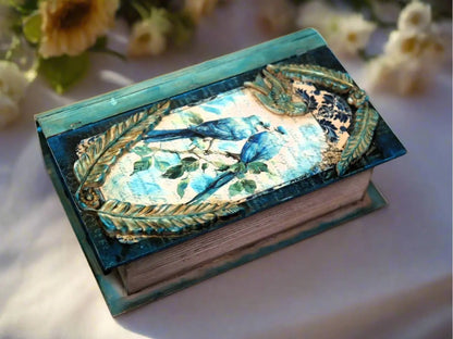 Handcrafted, Mixed Media, Decoupage, MDF Book Box, Vintage Style, Blue Birds Handmade by Pamela
