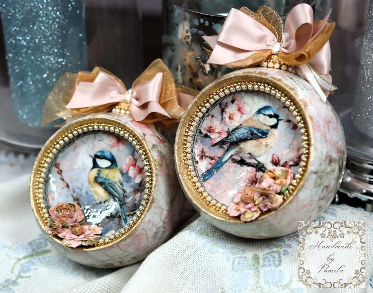 Handcrafted, Shabby Chic, Concave Ball, Bauble, Ornament Set 2, Decoupage, Mixed Media, Vintage Style, Pink Roses, Birds, Shabby Chic