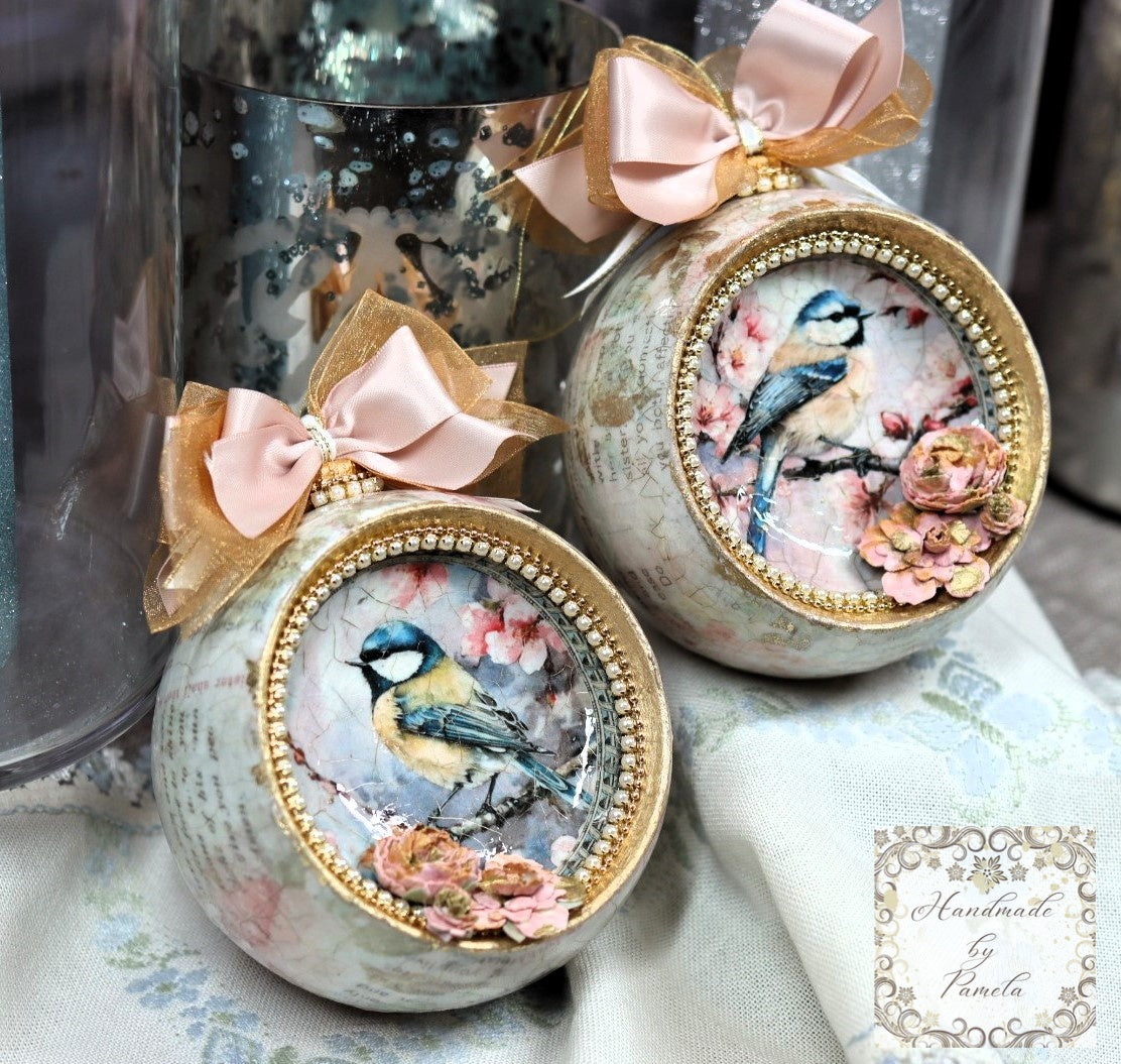 Handcrafted, Shabby Chic, Concave Ball, Bauble, Ornament Set 2, Decoupage, Mixed Media, Vintage Style, Pink Roses, Birds, Shabby Chic