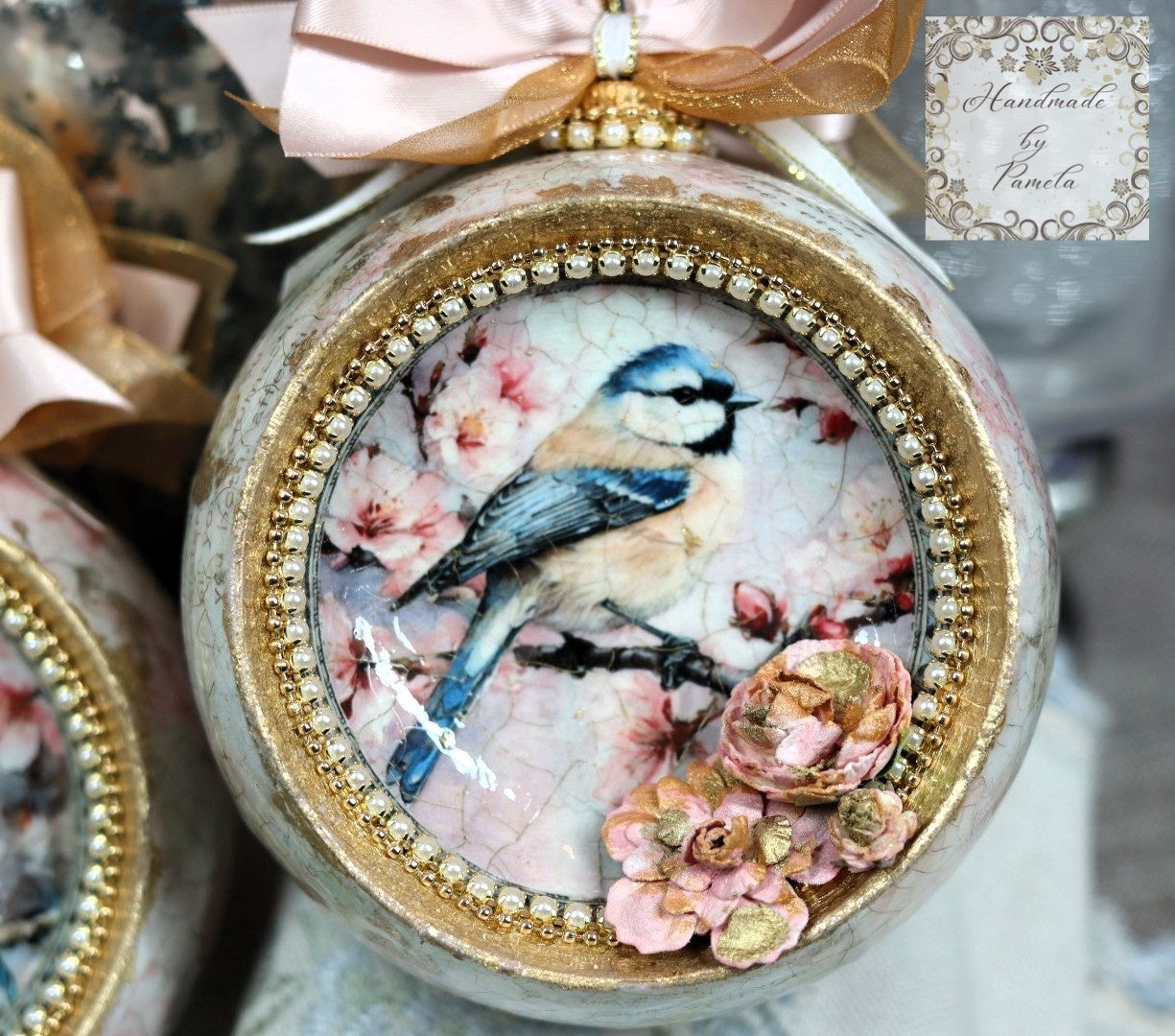 Handcrafted, Shabby Chic, Concave Ball, Bauble, Ornament Set 2, Decoupage, Mixed Media, Vintage Style, Pink Roses, Birds, Shabby Chic