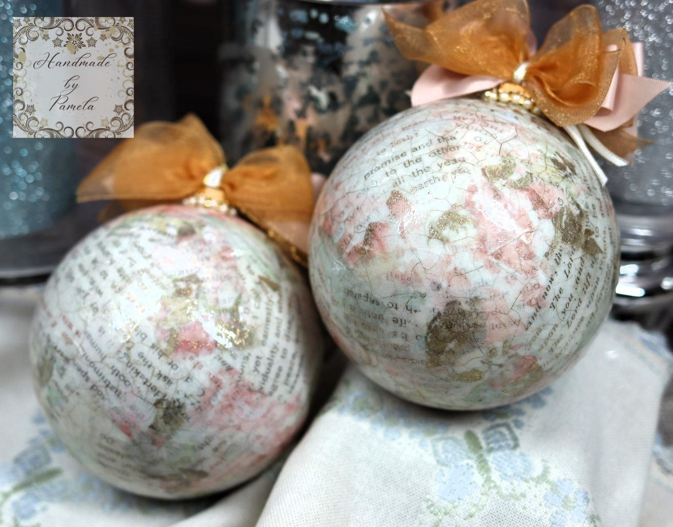 Handcrafted, Shabby Chic, Concave Ball, Bauble, Ornament Set 2, Decoupage, Mixed Media, Vintage Style, Pink Roses, Birds, Shabby Chic