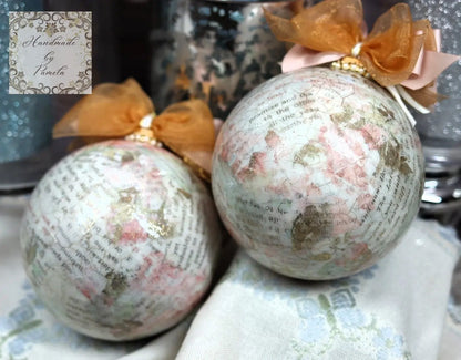Handcrafted, Shabby Chic, Concave Ball, Bauble, Ornament Set 2, Decoupage, Mixed Media, Vintage Style, Pink Roses, Birds, Shabby Chic Handmade by Pamela