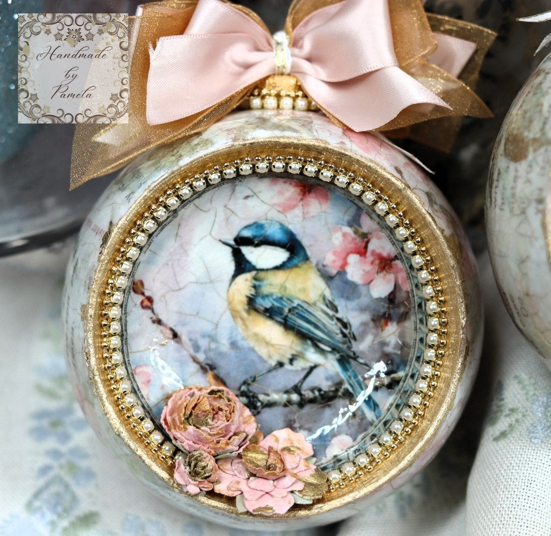 Handcrafted, Shabby Chic, Concave Ball, Bauble, Ornament Set 2, Decoupage, Mixed Media, Vintage Style, Pink Roses, Birds, Shabby Chic