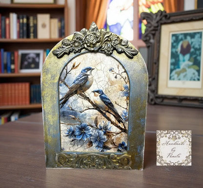 Handcrafted, Decoupage, Mixed Media, Blue Birds or Elegant Peacock, Plaque, Wall Art, Vintage, Shabby Chic Style, 9" x 12.5", Art by Pamela Handmade by Pamela