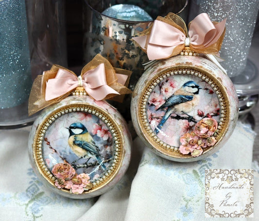 Handcrafted, Shabby Chic, Concave Ball, Bauble, Ornament Set 2, Decoupage, Mixed Media, Vintage Style, Pink Roses, Birds, Shabby Chic