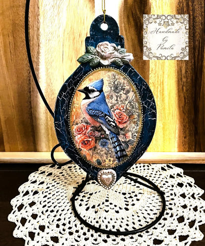 Handcrafted, Decoupage, Mixed Media, Ornament, Blue Jay, Bird, Roses, Christmas, Shabby Chic, Home Decor, Holiday, Reversable Handmade by Pamela