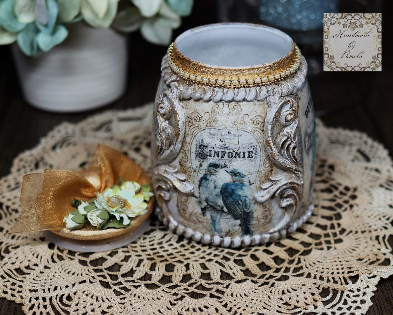 Handcrafted, Decoupage, Mixed Media, Jar with Lid, Blue Birds, Vintage, Shabby Chic Style