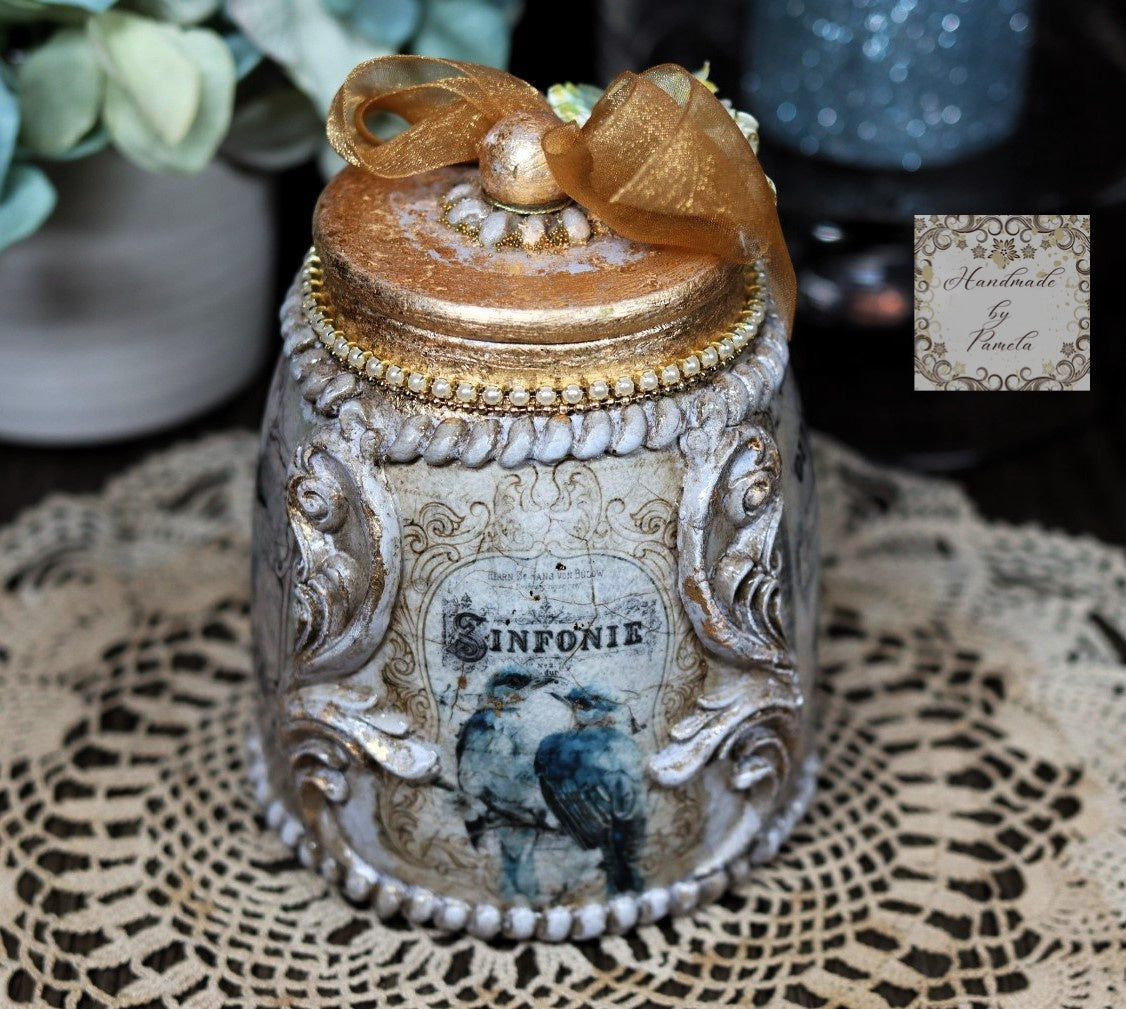 Handcrafted, Decoupage, Mixed Media, Jar with Lid, Blue Birds, Vintage, Shabby Chic Style