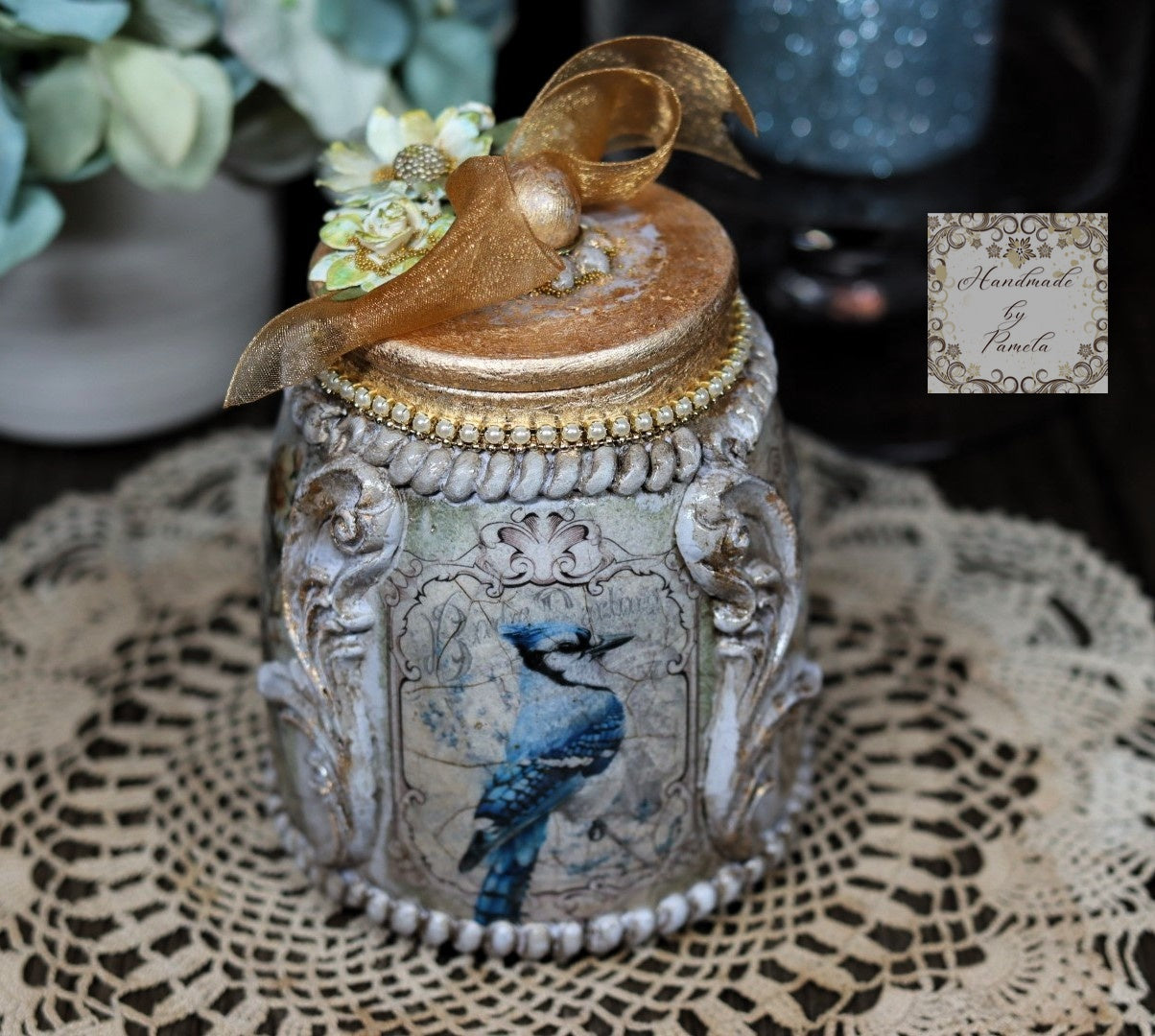 Handcrafted, Decoupage, Mixed Media, Jar with Lid, Blue Birds, Vintage, Shabby Chic Style