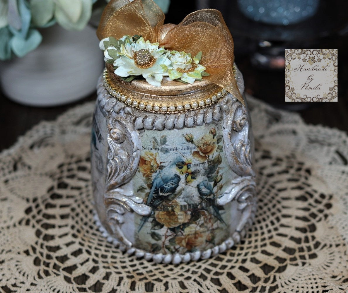 Handcrafted, Decoupage, Mixed Media, Jar with Lid, Blue Birds, Vintage, Shabby Chic Style