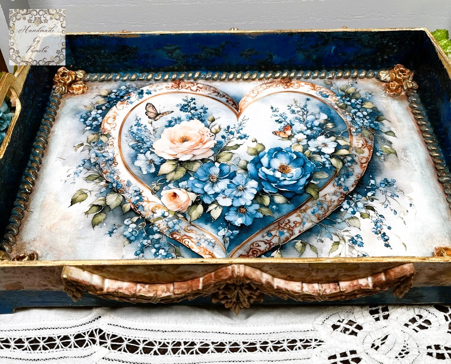 Handcrafted, Mixed Media, Decoupage, Tray, Laser Cut MDF, Vintage Heart, Blue Flowers