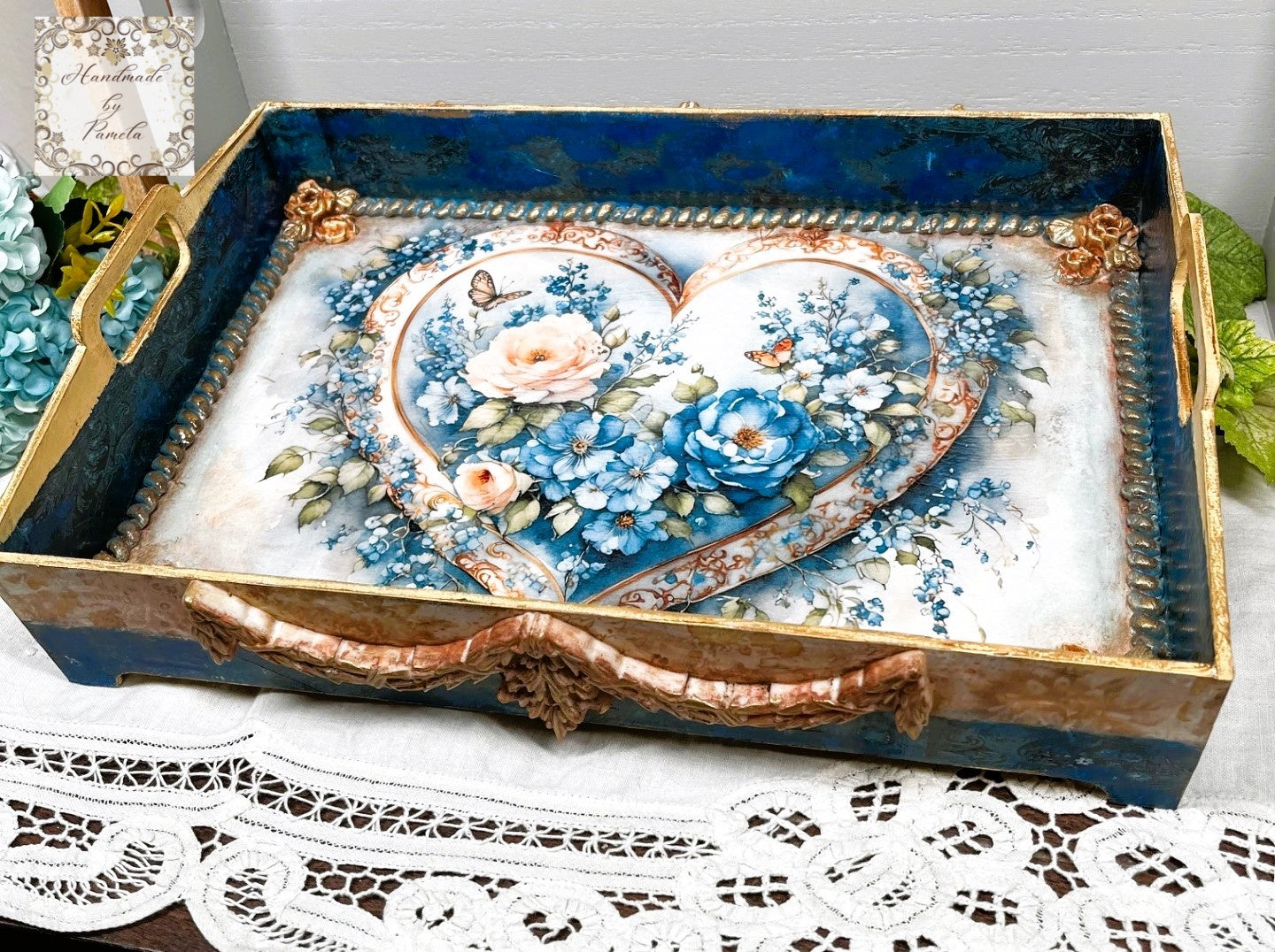 Handcrafted, Mixed Media, Decoupage, Tray, Laser Cut MDF, Vintage Heart, Blue Flowers