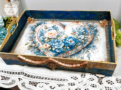 Handcrafted, Mixed Media, Decoupage, Tray, Laser Cut MDF, Vintage Heart, Blue Flowers Handmade by Pamela