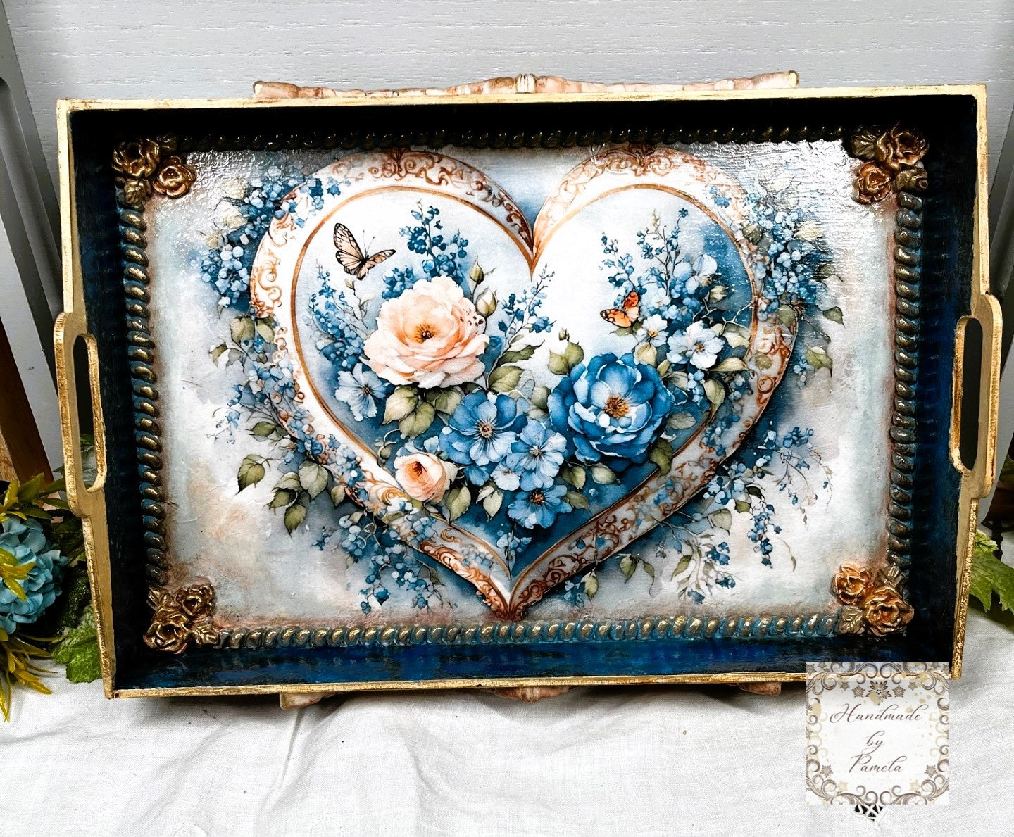 Handcrafted, Mixed Media, Decoupage, Tray, Laser Cut MDF, Vintage Heart, Blue Flowers