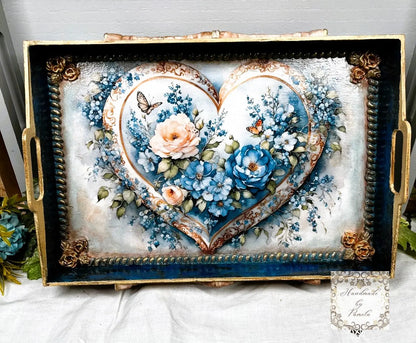 Handcrafted, Mixed Media, Decoupage, Tray, Laser Cut MDF, Vintage Heart, Blue Flowers Handmade by Pamela