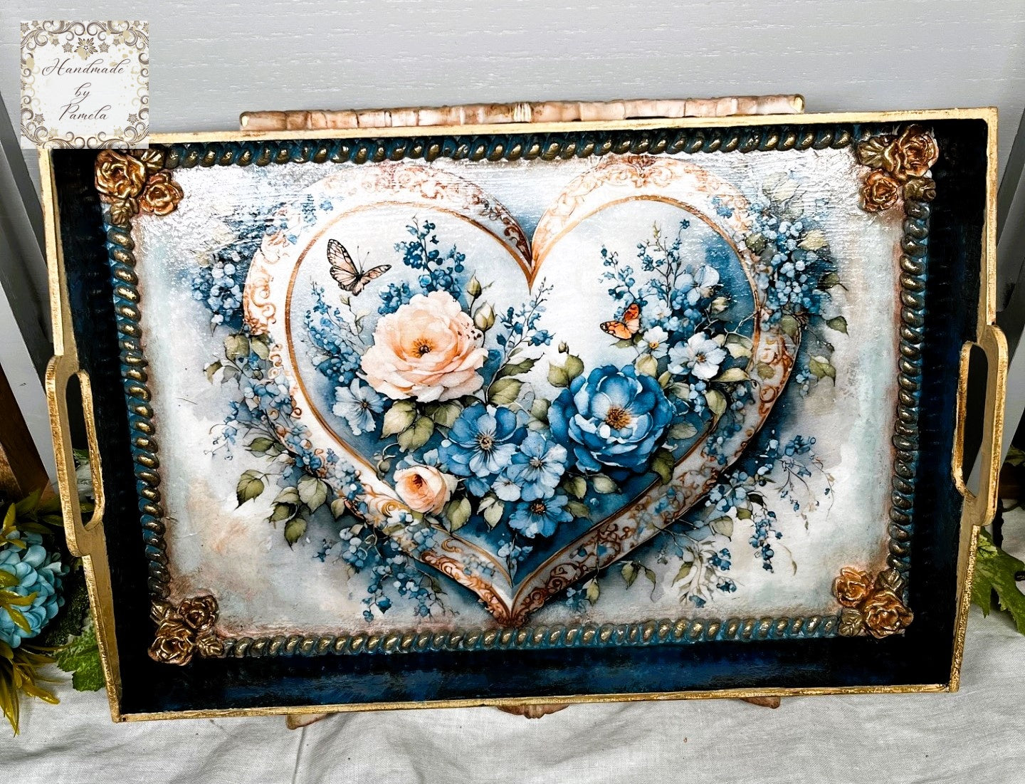 Handcrafted, Mixed Media, Decoupage, Tray, Laser Cut MDF, Vintage Heart, Blue Flowers