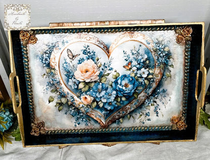 Handcrafted, Mixed Media, Decoupage, Tray, Laser Cut MDF, Vintage Heart, Blue Flowers Handmade by Pamela