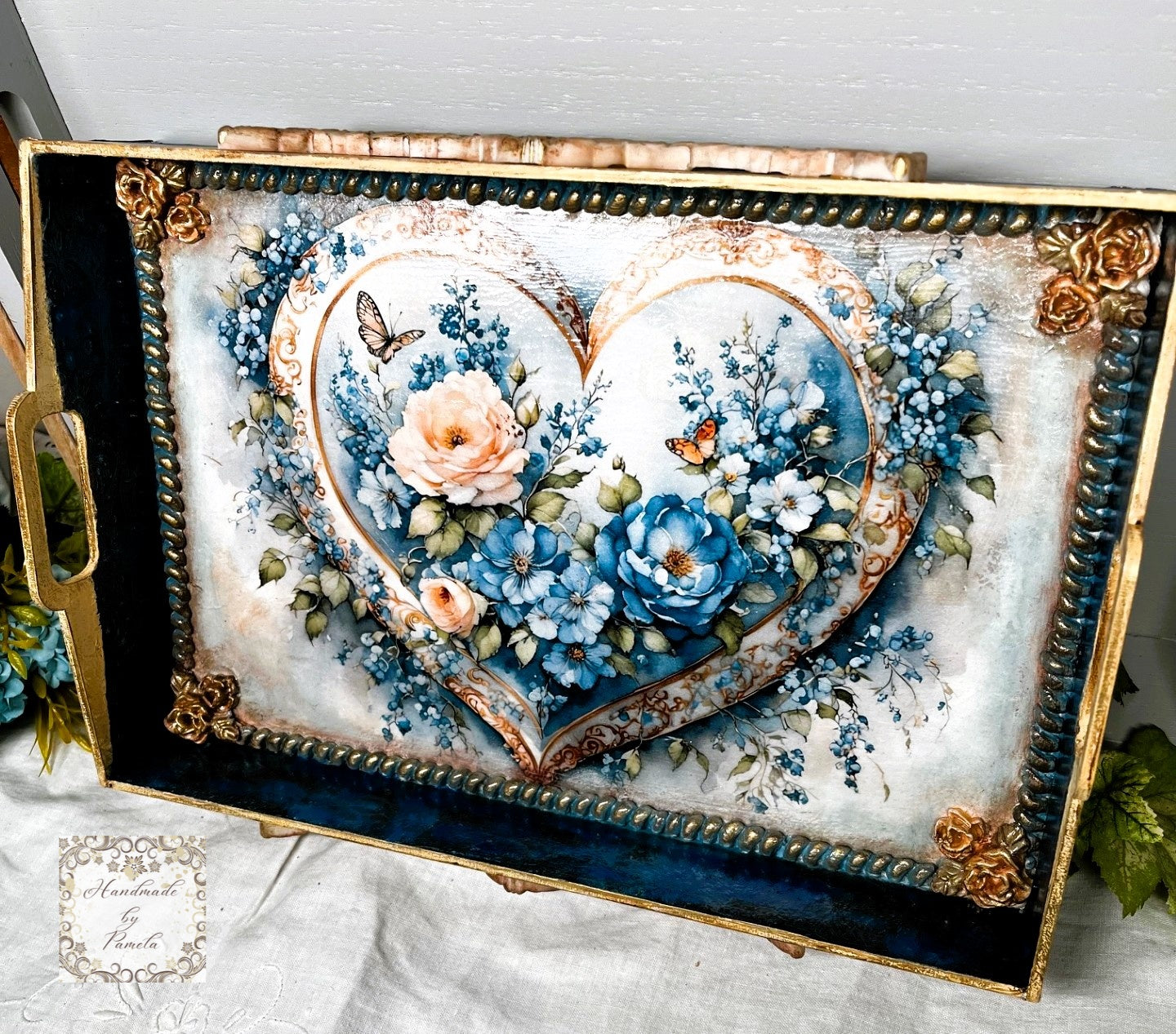 Handcrafted, Mixed Media, Decoupage, Tray, Laser Cut MDF, Vintage Heart, Blue Flowers