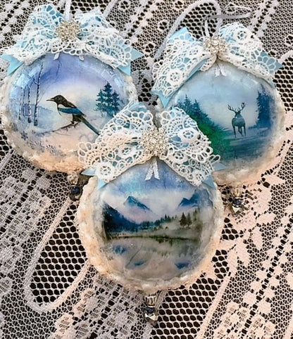 Handcrafted Christmas Disc Snow Animal Ornament Set 3, White Snow Ice Aminal Ornament Set, Victorian Style Snow Ice Animal Ornament Set 3 Handmade by Pamela