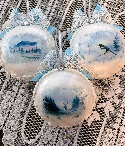 Handcrafted Christmas Disc Snow Animal Ornament Set 3, White Snow Ice Aminal Ornament Set, Victorian Style Snow Ice Animal Ornament Set 3 Handmade by Pamela