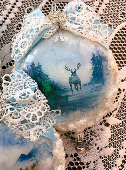 Handcrafted Christmas Disc Snow Animal Ornament Set 3, White Snow Ice Aminal Ornament Set, Victorian Style Snow Ice Animal Ornament Set 3 Handmade by Pamela
