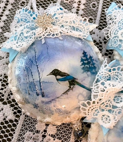 Handcrafted Christmas Disc Snow Animal Ornament Set 3, White Snow Ice Aminal Ornament Set, Victorian Style Snow Ice Animal Ornament Set 3 Handmade by Pamela
