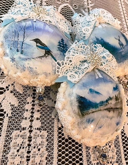 Handcrafted Christmas Disc Snow Animal Ornament Set 3, White Snow Ice Aminal Ornament Set, Victorian Style Snow Ice Animal Ornament Set 3 Handmade by Pamela