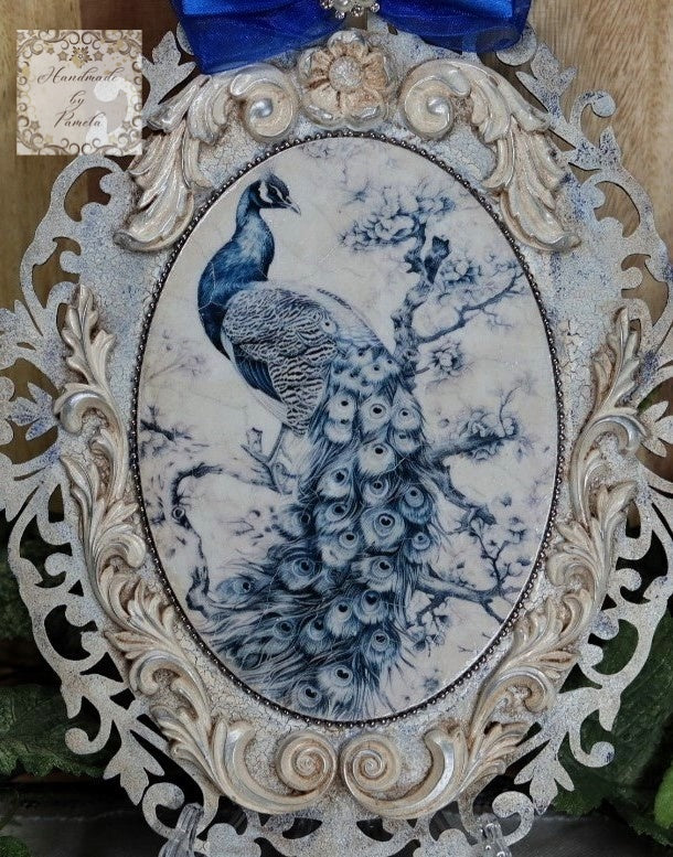 Handcrafted, Mixed Media, Decoupage, Plaque, Wall Art, Laser Cut MDF, Blue, White, Peacock, Wall Art, Vintage, Shabby Chic Style